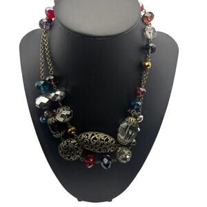 Vintage Inspired Statement Beaded Necklace Gold-Tone Filigree Beads